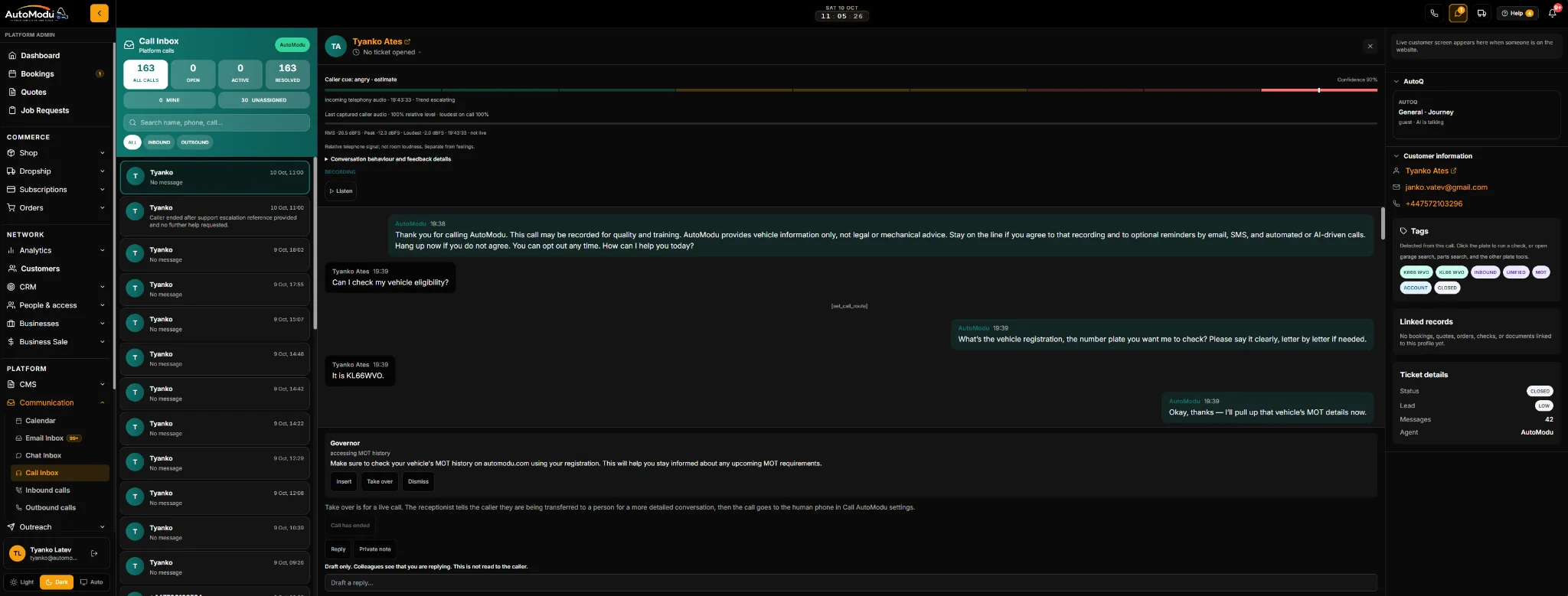 AutoModu CRM call inbox with transcript preview
