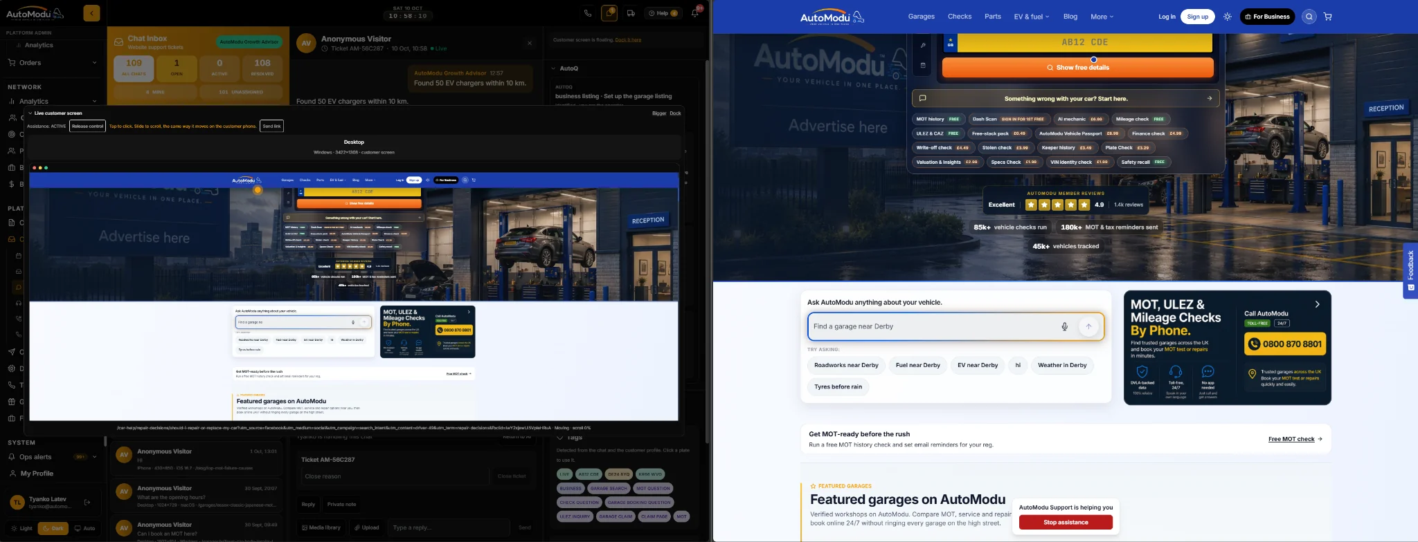 AutoModu CRM customer-support workspace