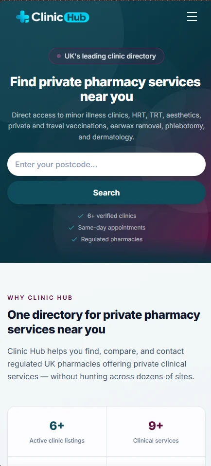 Clinic Hub homepage on a mobile phone