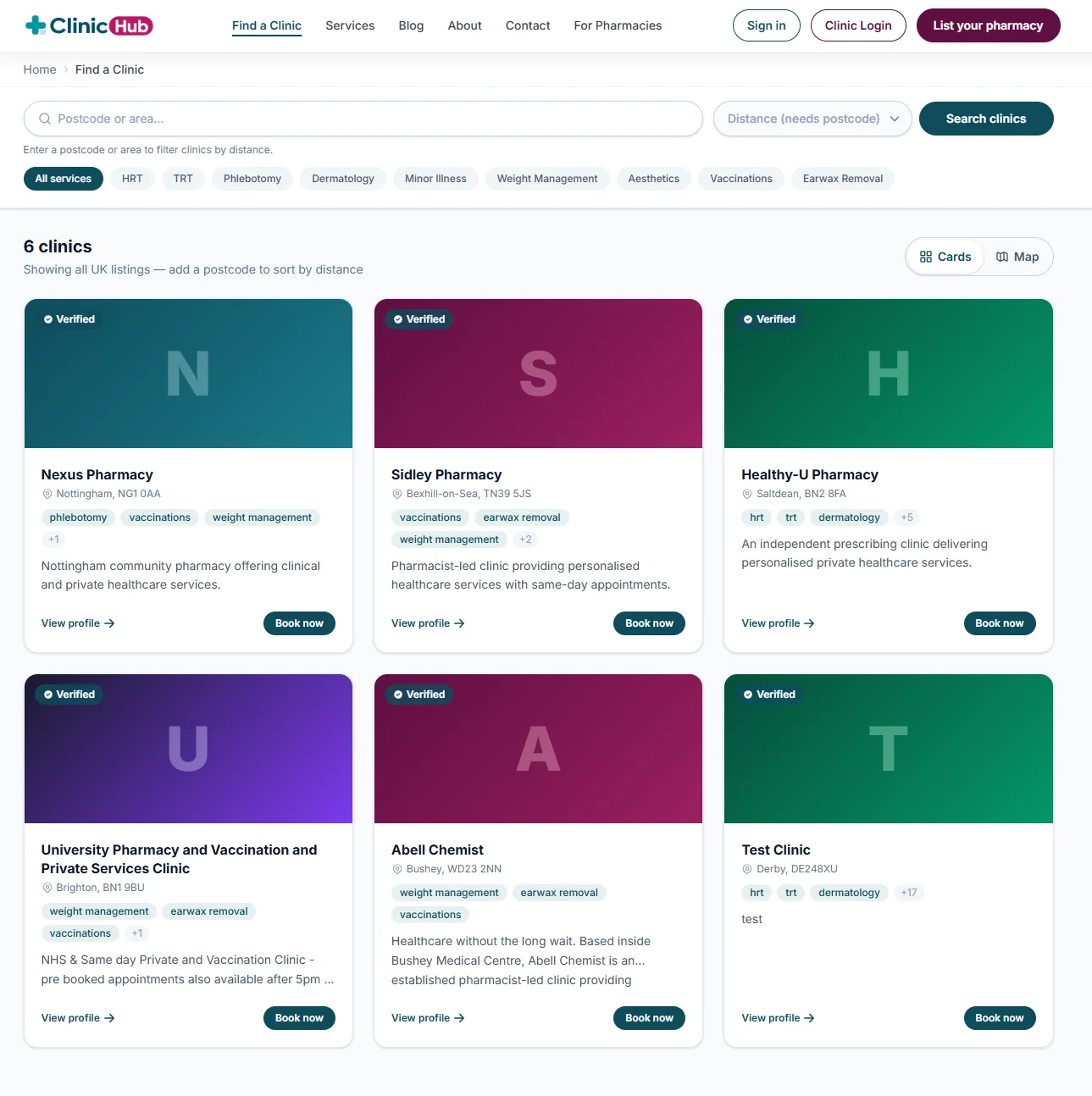 Clinic Hub service search results