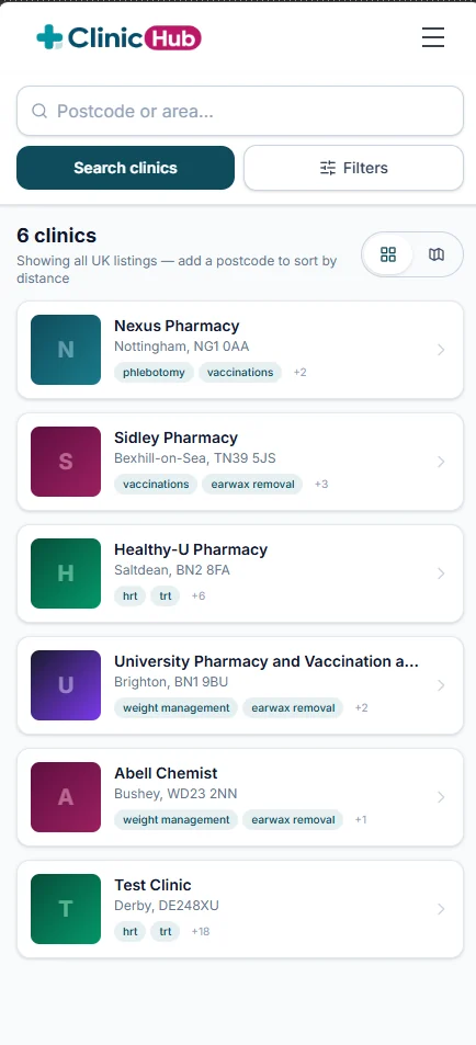 Clinic Hub search results on a mobile phone