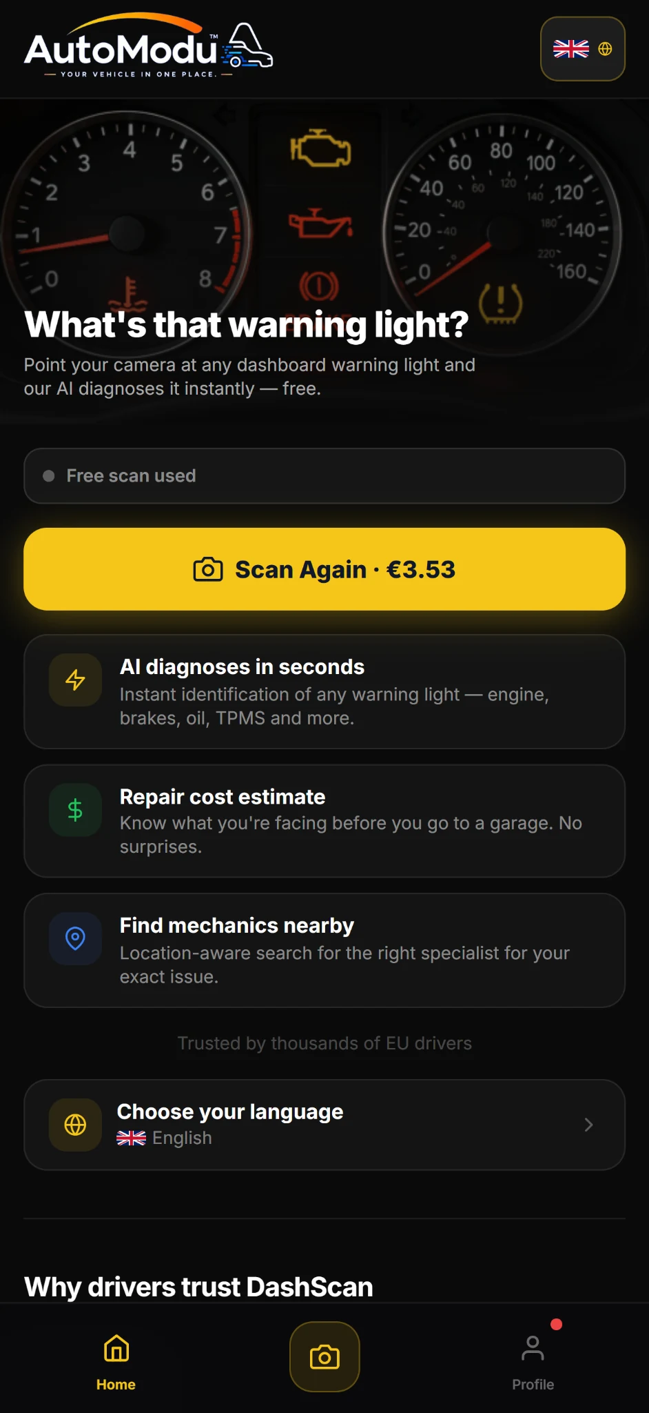 DashScan language selection on an iPhone