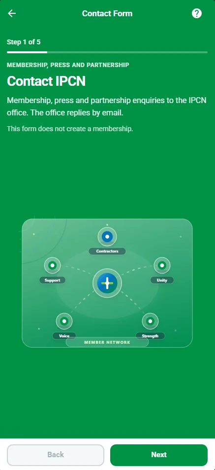 IPCN contact form on a mobile phone