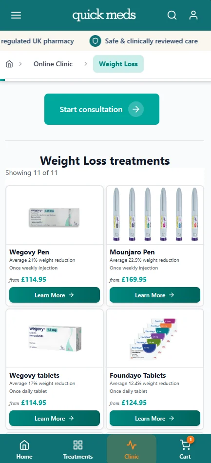 QuickMeds treatment listings on a mobile phone